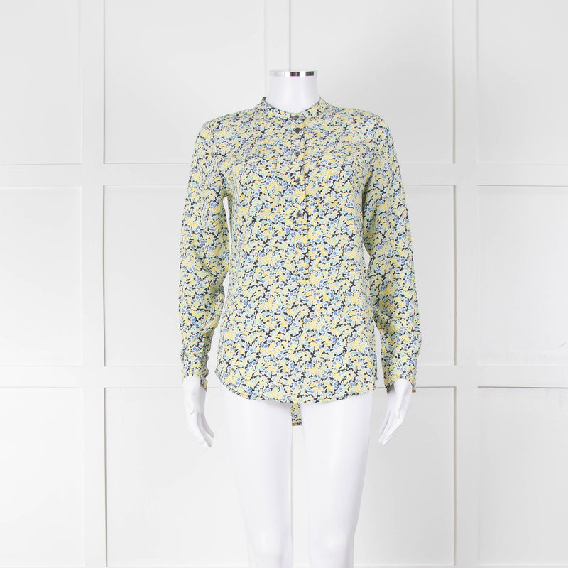 Equipment Blue and Yellow Micro Floral Print Collarless Blouse