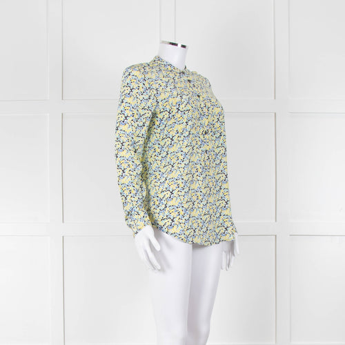 Equipment Blue and Yellow Micro Floral Print Collarless Blouse