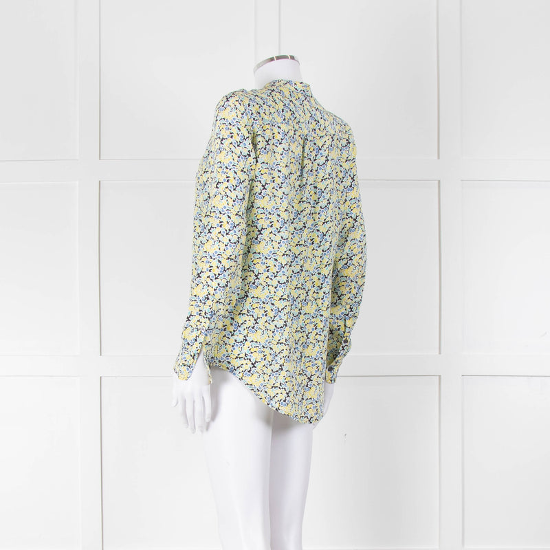 Equipment Blue and Yellow Micro Floral Print Collarless Blouse