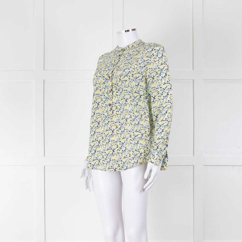 Equipment Blue and Yellow Micro Floral Print Collarless Blouse