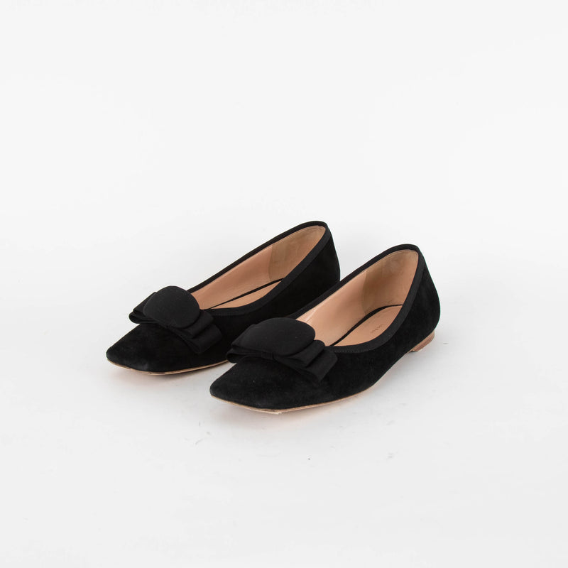 Rupert Sanderson Black Suede Bow Flat Pumps