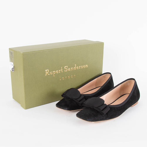 Rupert Sanderson Black Suede Bow Flat Pumps