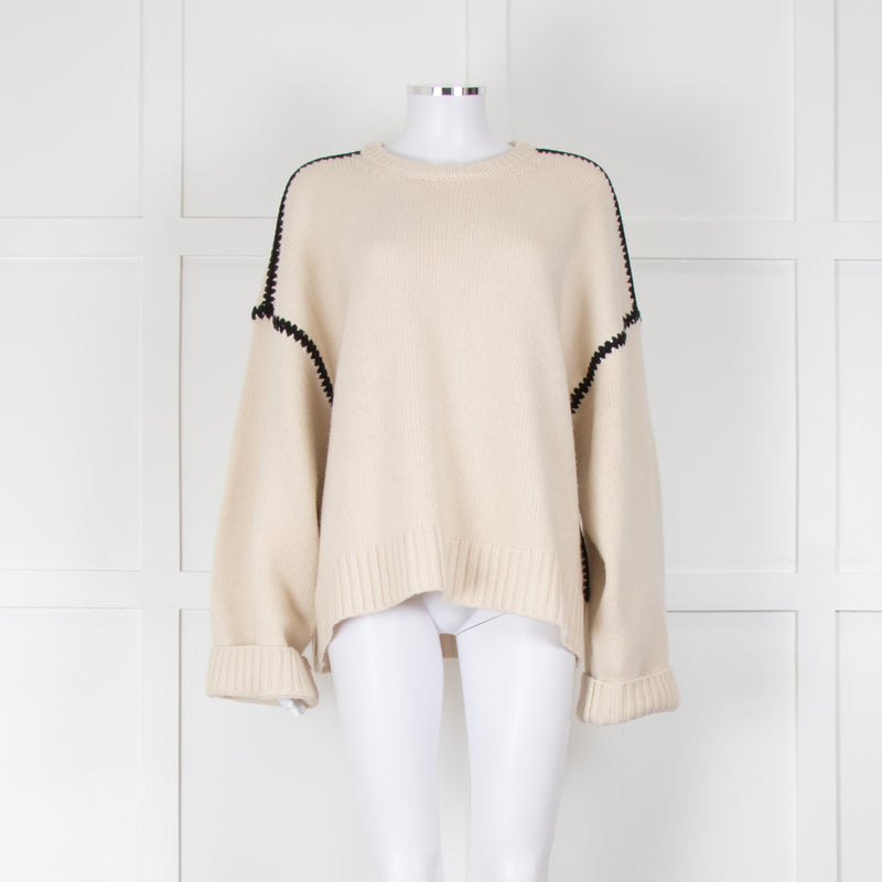 Toteme Cream Black Stitching Cashmere Blend Jumper