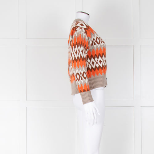 Allude Beige Orange Intarsia-Knit Cashmere Blend Cropped Cardigan