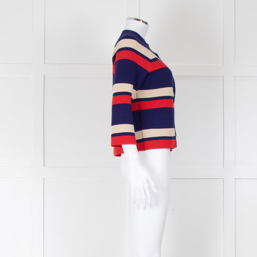 Gucci Blue Cream Red Striped Wool Cardigan