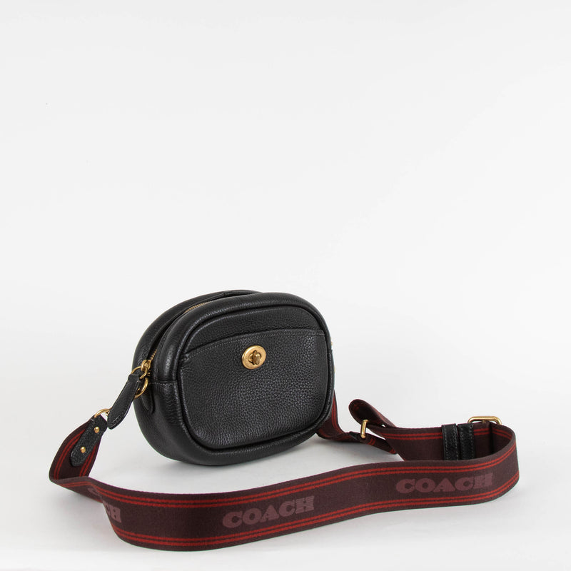 Coach Black Camera Bag With Brown and Red Stripe Strap