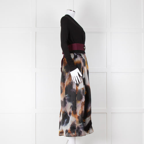 Sara Roka Black White Orange Print Organza Embellished Belt Midi Dress