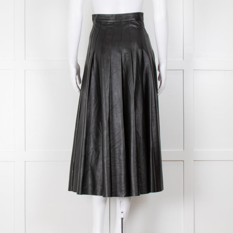 Emilia Wickstead Black Faux Leather Pleated Midi Skirt