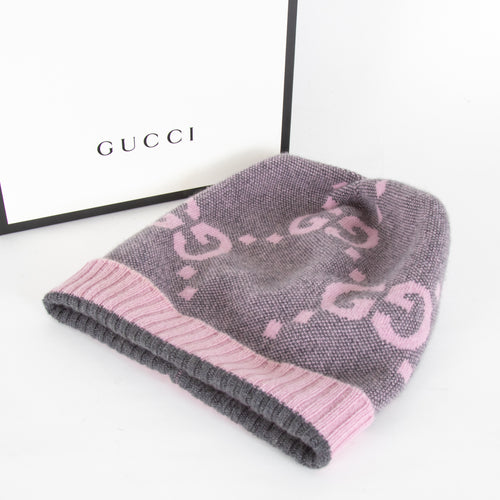 Gucci Grey & Pink Cashmere Logo Beanie