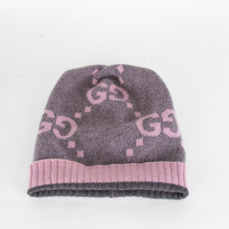 Gucci Grey & Pink Cashmere Logo Beanie