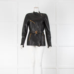 Gucci Black Leather Zip Up Bamboo Detail Belt Jacket