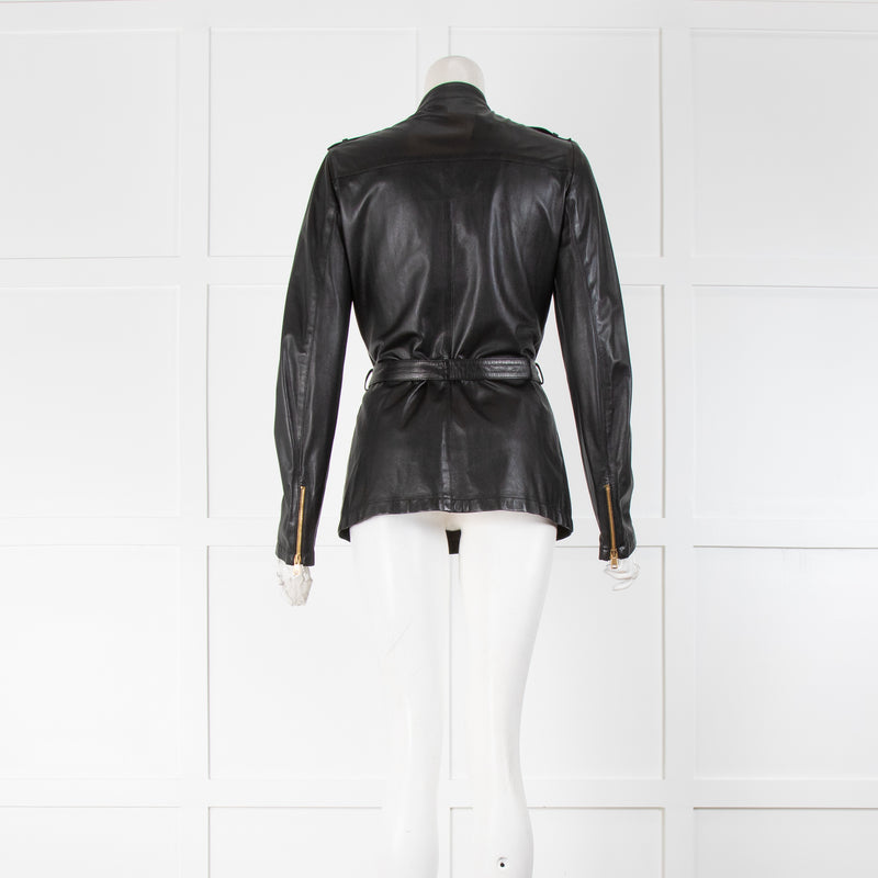 Gucci Black Leather Zip Up Bamboo Detail Belt Jacket