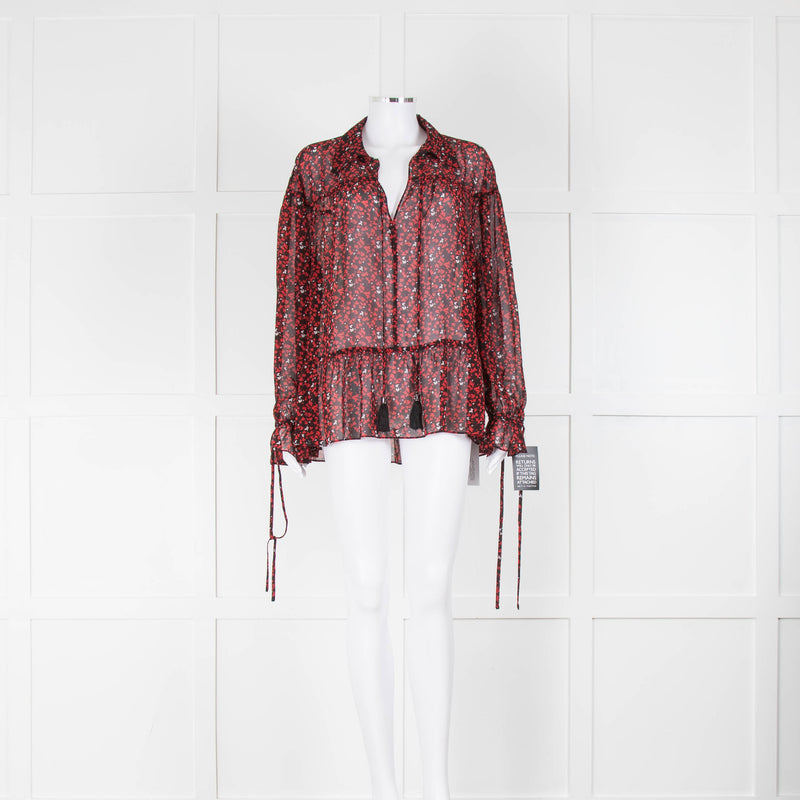 Michael Michael Kors Black, Red , White Patterned Blouse With Tassels & Frill Sleeves