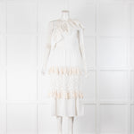Misa White Cotton Broidery One Shoulder Tassel Trim Midi Dress
