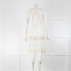 Misa White Cotton Broidery One Shoulder Tassel Trim Midi Dress