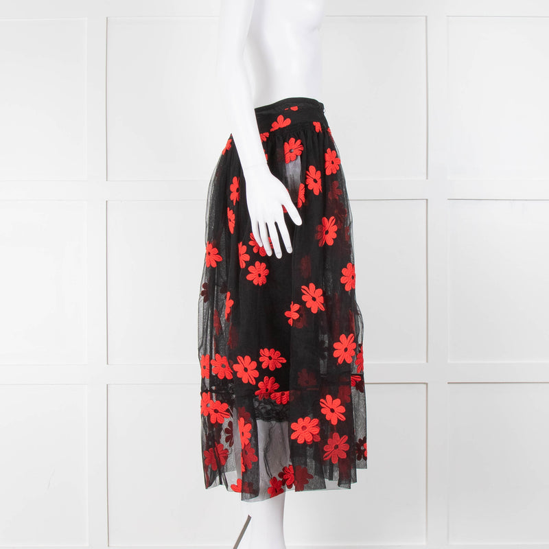 Simone Rocha Black Red Flower Embroidered Tulle Midi Skirt