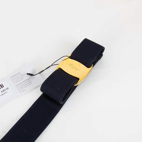 Salvatore Feragamo Navy Gabardine Gold Buckle Belt