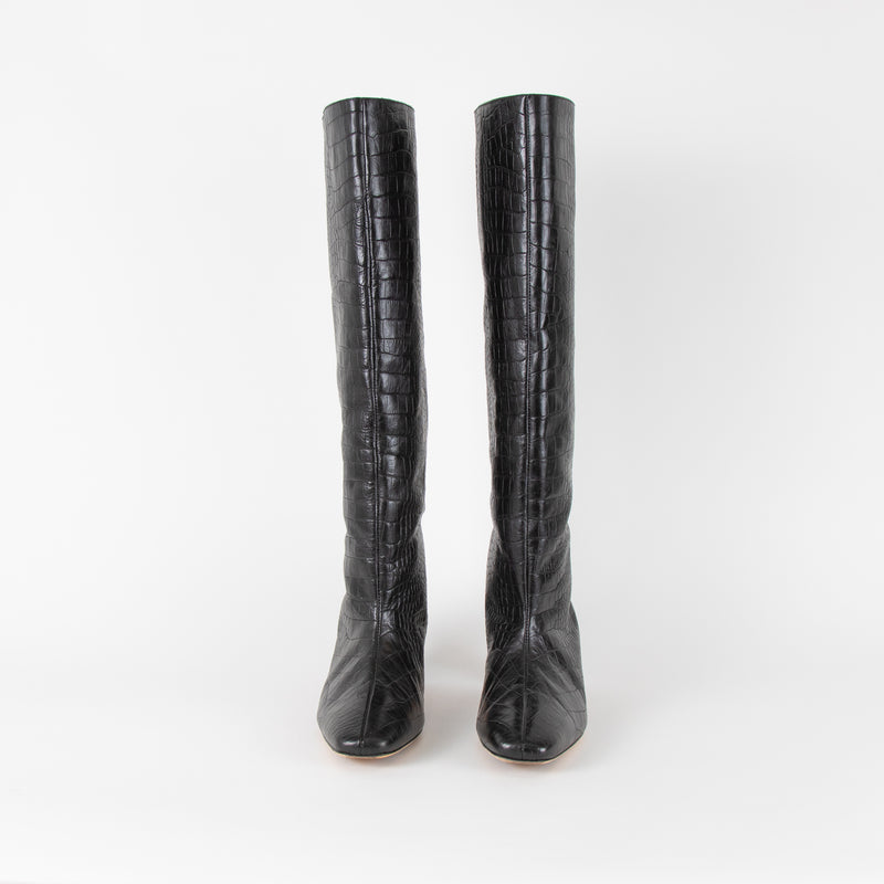 Anine Bing Black Croc Kitten Heel Knee Boots