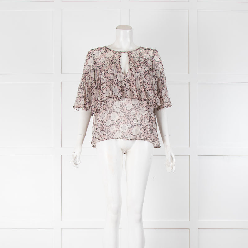 Rebecca Taylor Silk Black & Pink Floral Layered Frill Top