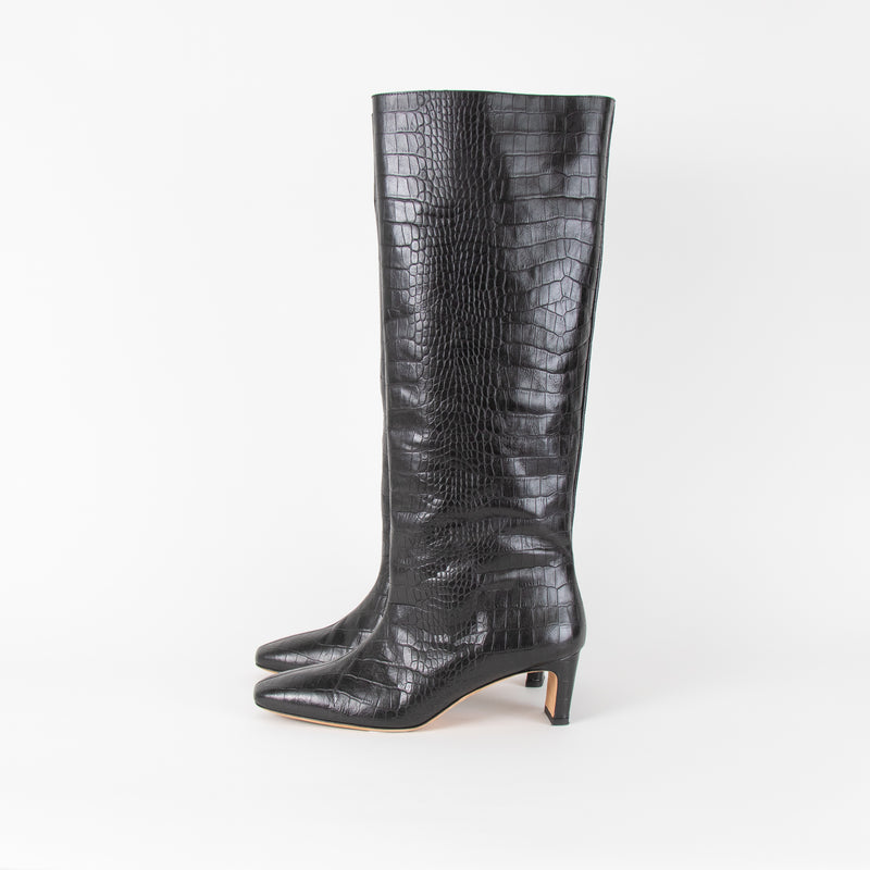 Anine Bing Black Croc Kitten Heel Knee Boots