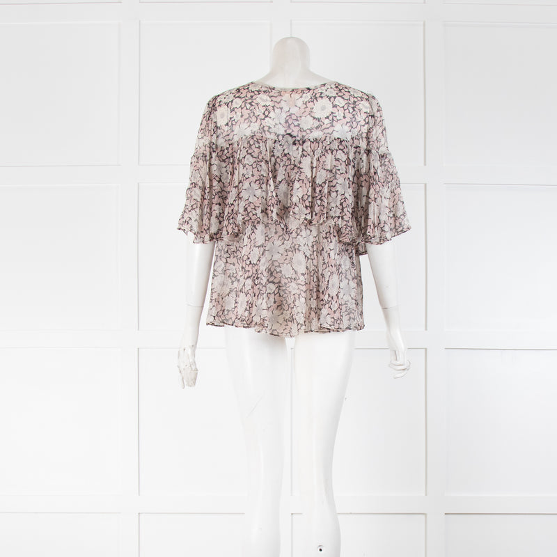 Rebecca Taylor Silk Black & Pink Floral Layered Frill Top