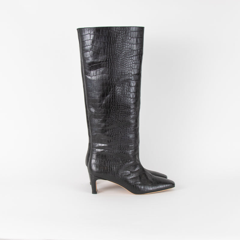 Anine Bing Black Croc Kitten Heel Knee Boots