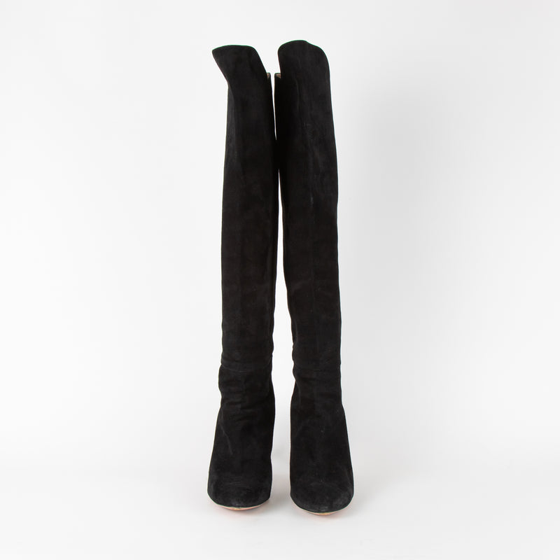 Aquazzura Black Suede Knee Boots with Dipped Sides