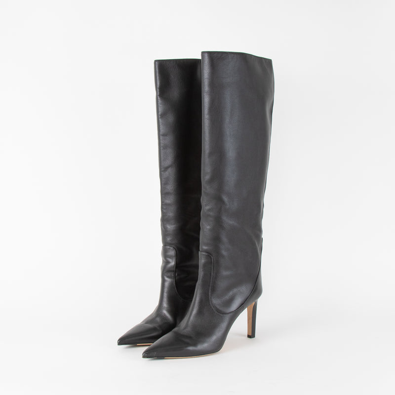 Jimmy Choo Black Leather Pointed Toe Knee Boots