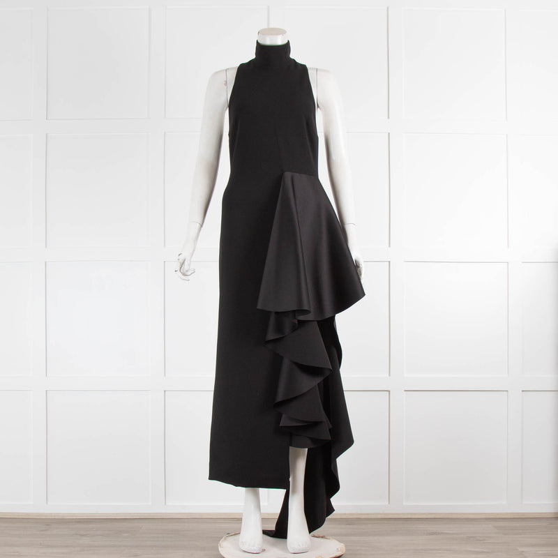 Solace London Black Crepe and Satin Halterneck Asymmetric Evening Dress