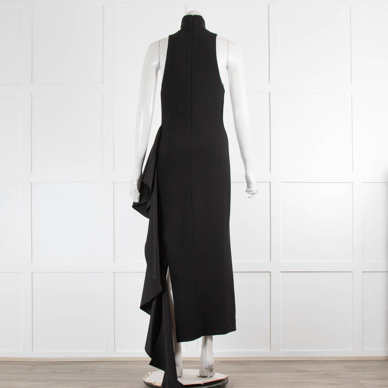 Solace London Black Crepe and Satin Halterneck Asymmetric Evening Dress