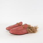 Gucci Dusty Pink Leather Fur Trim Princetown Mules