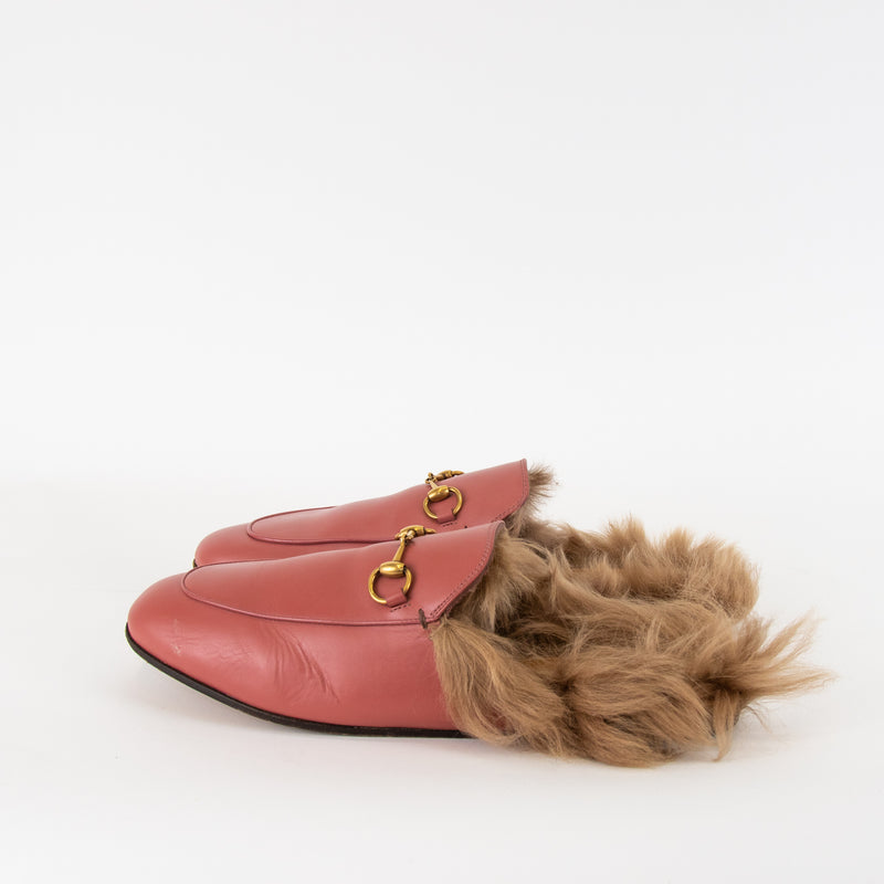 Gucci Dusty Pink Leather Fur Trim Princetown Mules