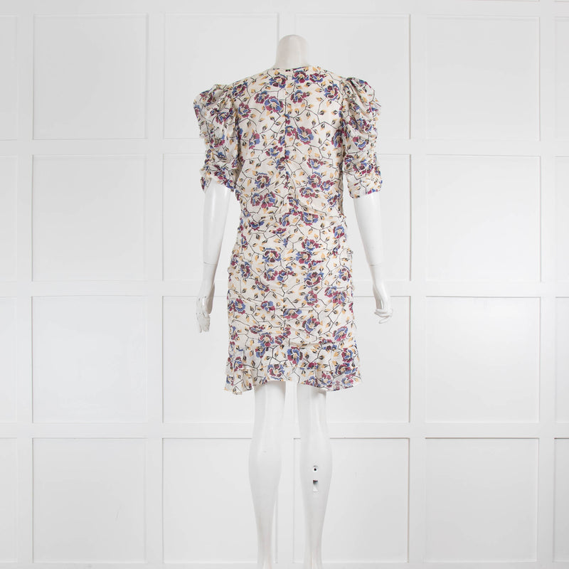 Isabel Marant Etoile Sireny Cream Cotton With Multi Floral Detail Dress With Puff Sleeves and Frill Hem