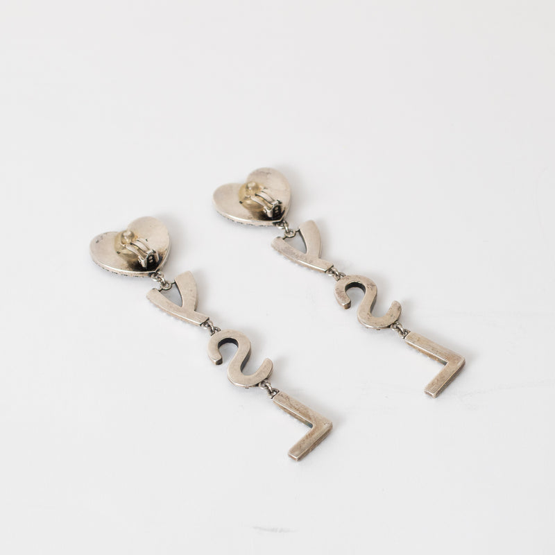 Saint Laurent Grey Metal Sparkly Logo Clip on Earrings