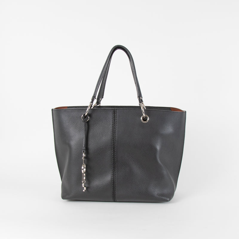 Tod's Black Tote Bag with Silver Hardware and Logo Charm