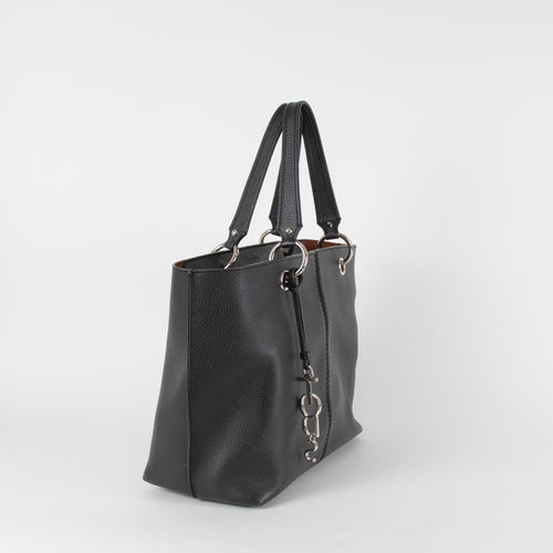 Tod's Black Tote Bag with Silver Hardware and Logo Charm