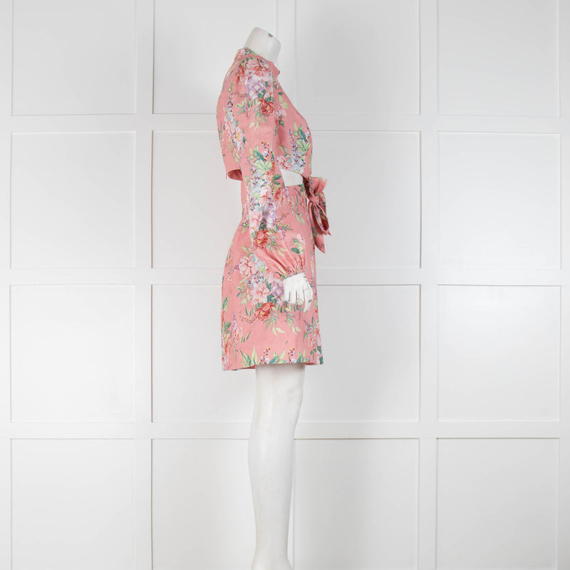 Zimmermann Peach Floral Linen Cut Out Mini Dress