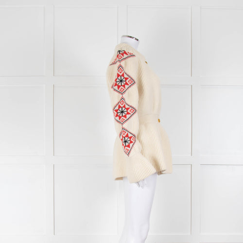 Ami Amalia Cream Red Organic Wool Romanian Blouse Cardigan