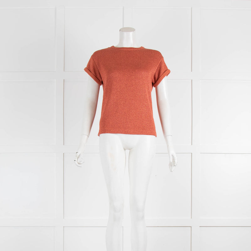 Brunello Cucinelli Orange Lurex Short Sleeve Knitted Top