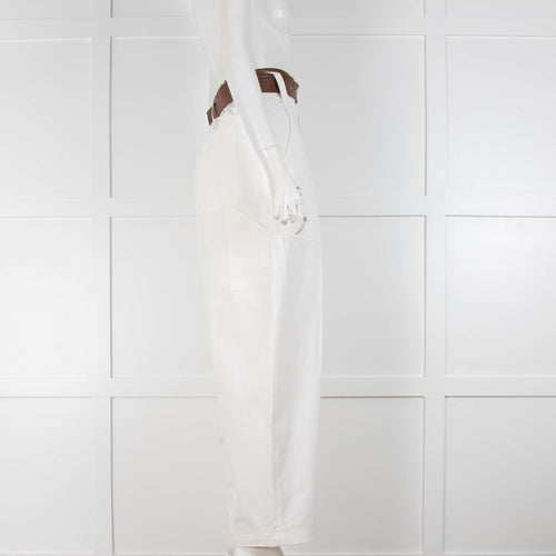 Lvir Cream Cotton Brown Leather Trousers