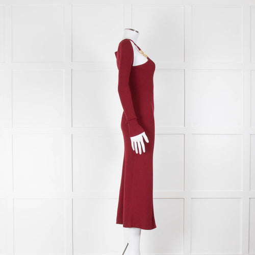 Nicholas Burgundy Ribbed Midi Dress with Cut outs and Chain Details