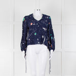 Rixo Blue Cosmos Print Long Sleeve Silk Blouse