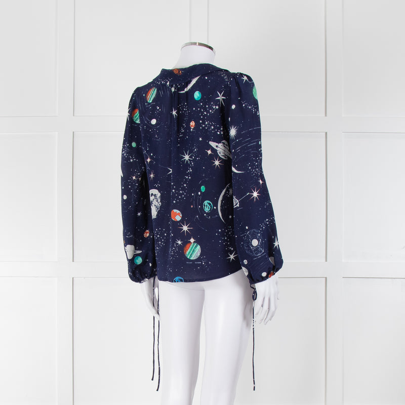 Rixo Blue Cosmos Print Long Sleeve Silk Blouse