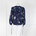 Rixo Blue Cosmos Print Long Sleeve Silk Blouse