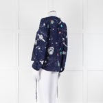 Rixo Blue Cosmos Print Long Sleeve Silk Blouse