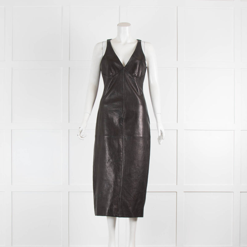 Khaite Ditka Pure Lambskin Leather Sleeveless V-Neck Fitted Midi Dress