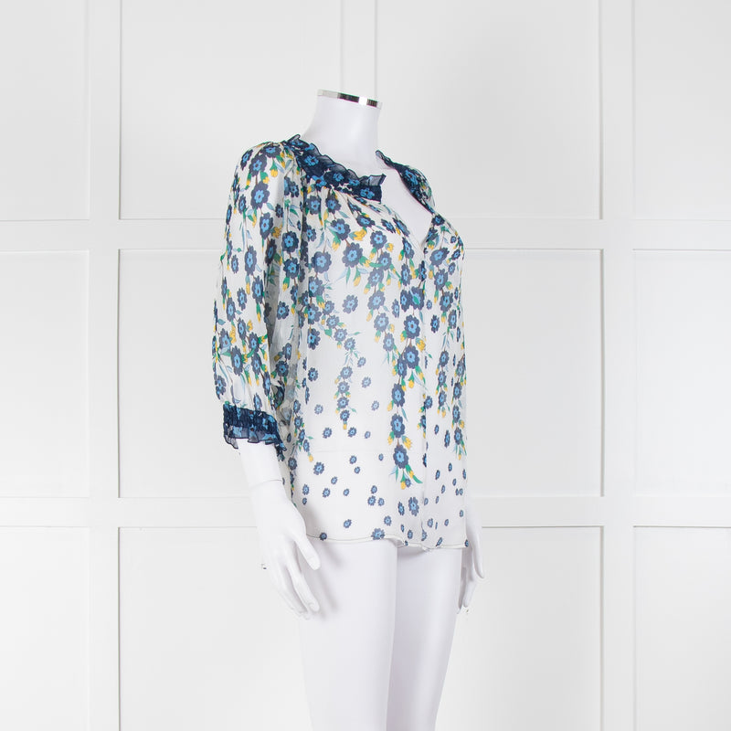 DVF White Blue Floral Print Silk Top