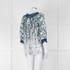 DVF White Blue Floral Print Silk Top