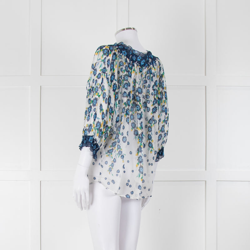 DVF White Blue Floral Print Silk Top