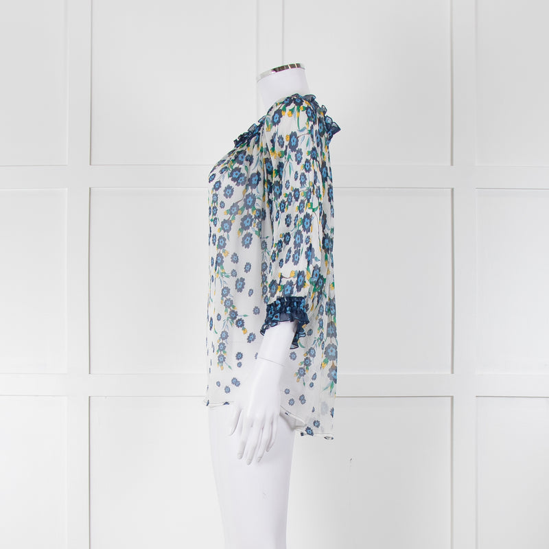 DVF White Blue Floral Print Silk Top